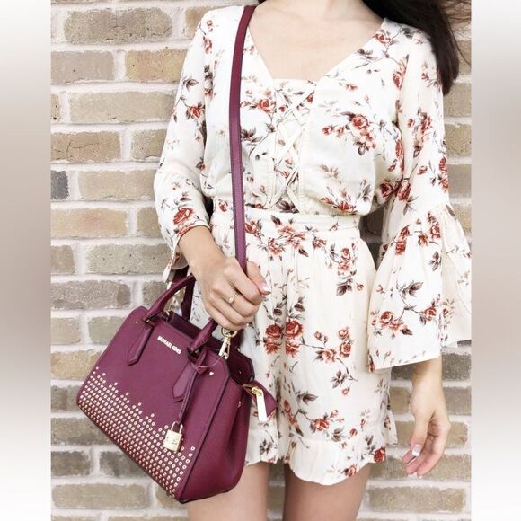 AE M Beige Burgundy Bell Ruffle Sleeve Ruffle Hem Short Corset Style Romper - Picture 1 of 16